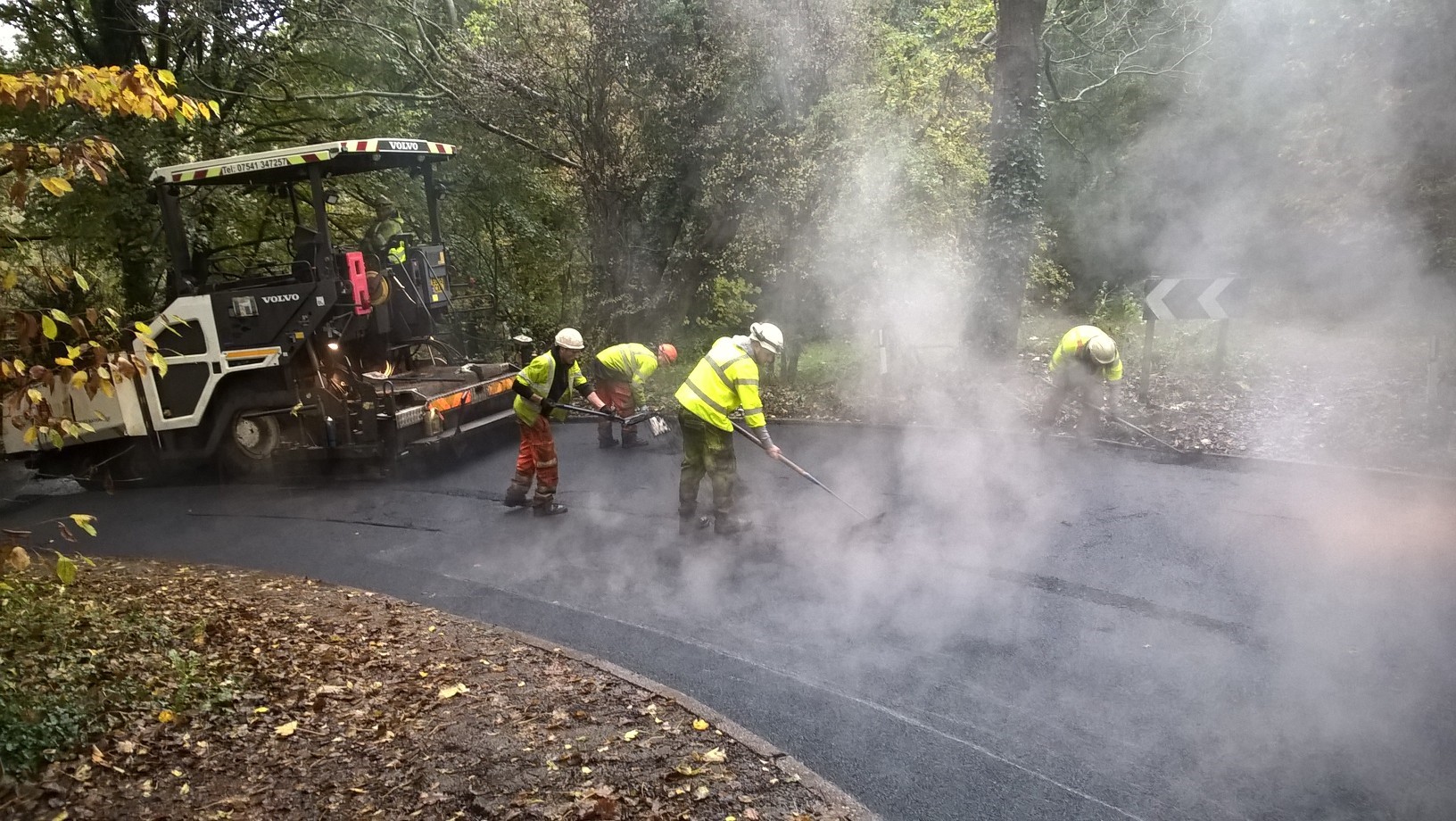 Workers tarmac road surrounded by trees