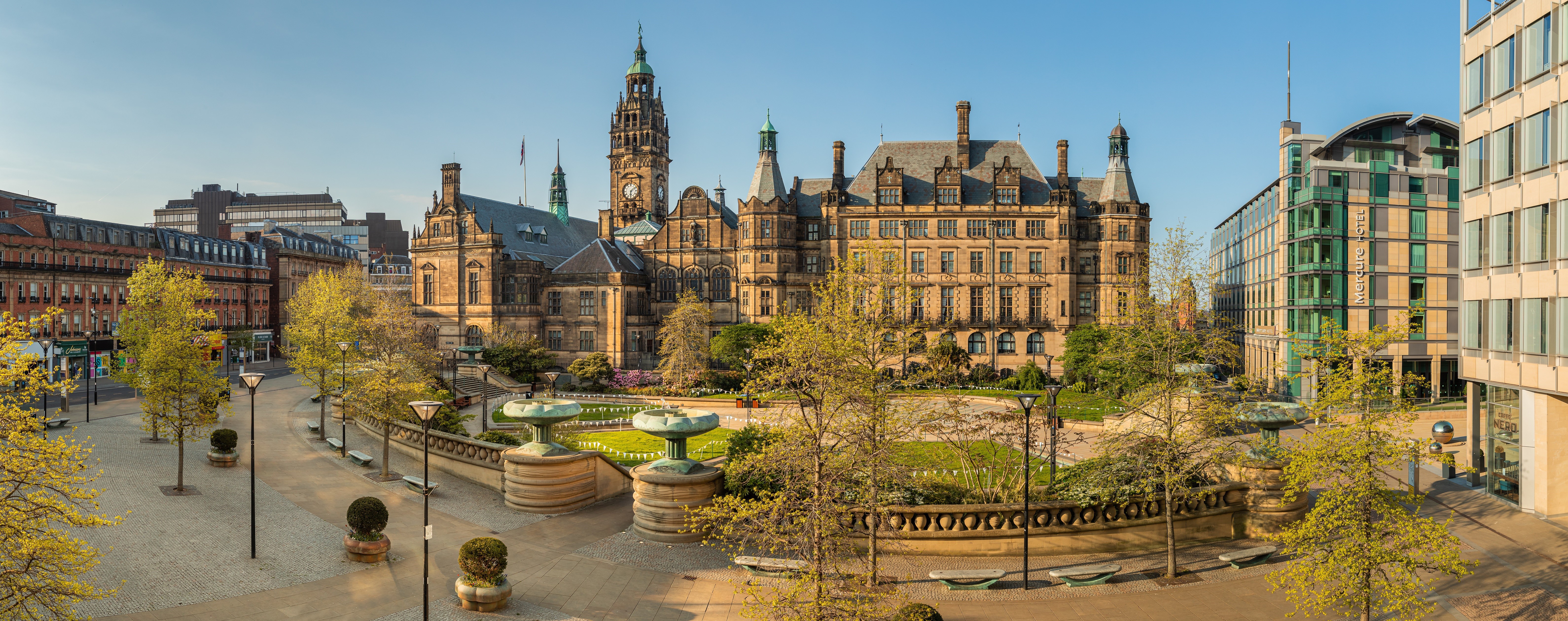 Town Hall and Peace Gardens at dusk