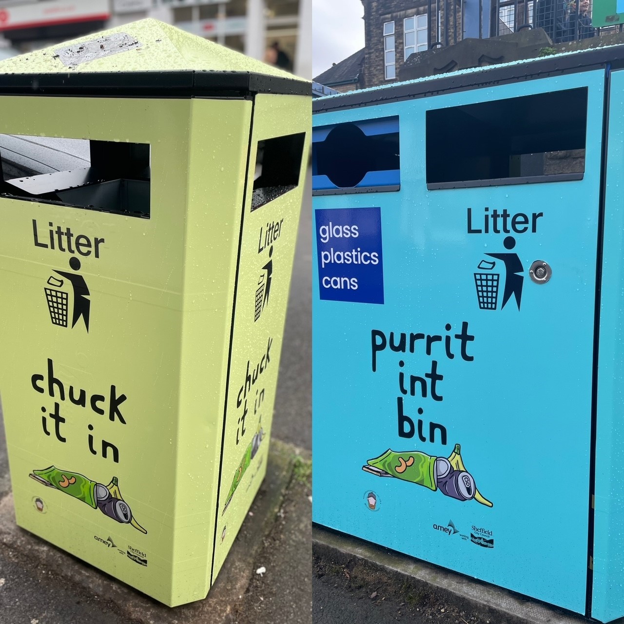 Yellow bin with 'Chuck it in' wording next to blue bin with 'Purrit int bin ' wording