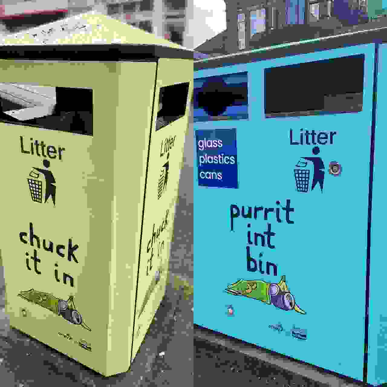 Three people lean on bright blue bin with 'purrit int bin' wording