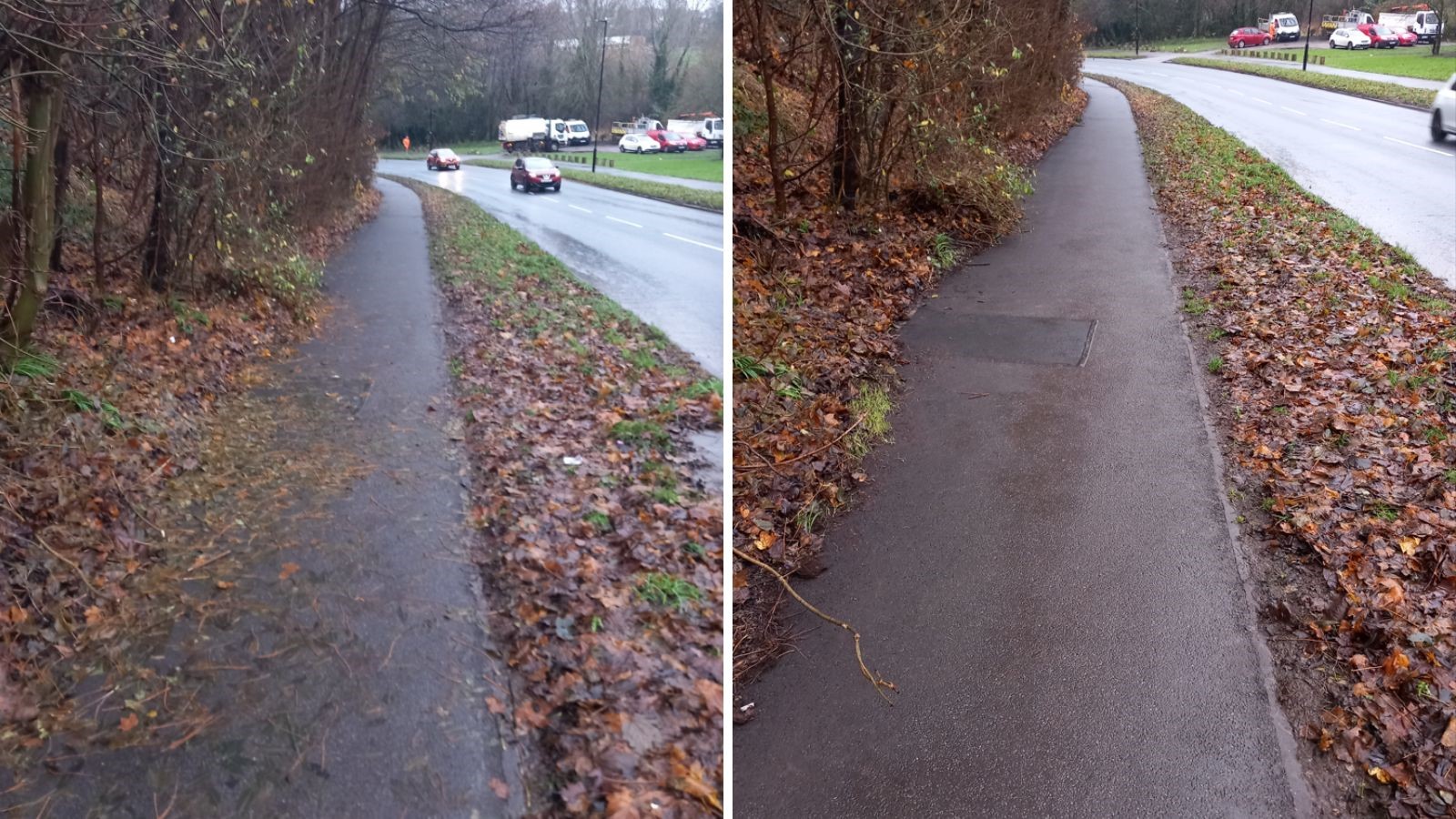Two images of Beaver Hill. One shows the pavement covered in leaves while the second image shows the path after it has been cleared of the leaves
