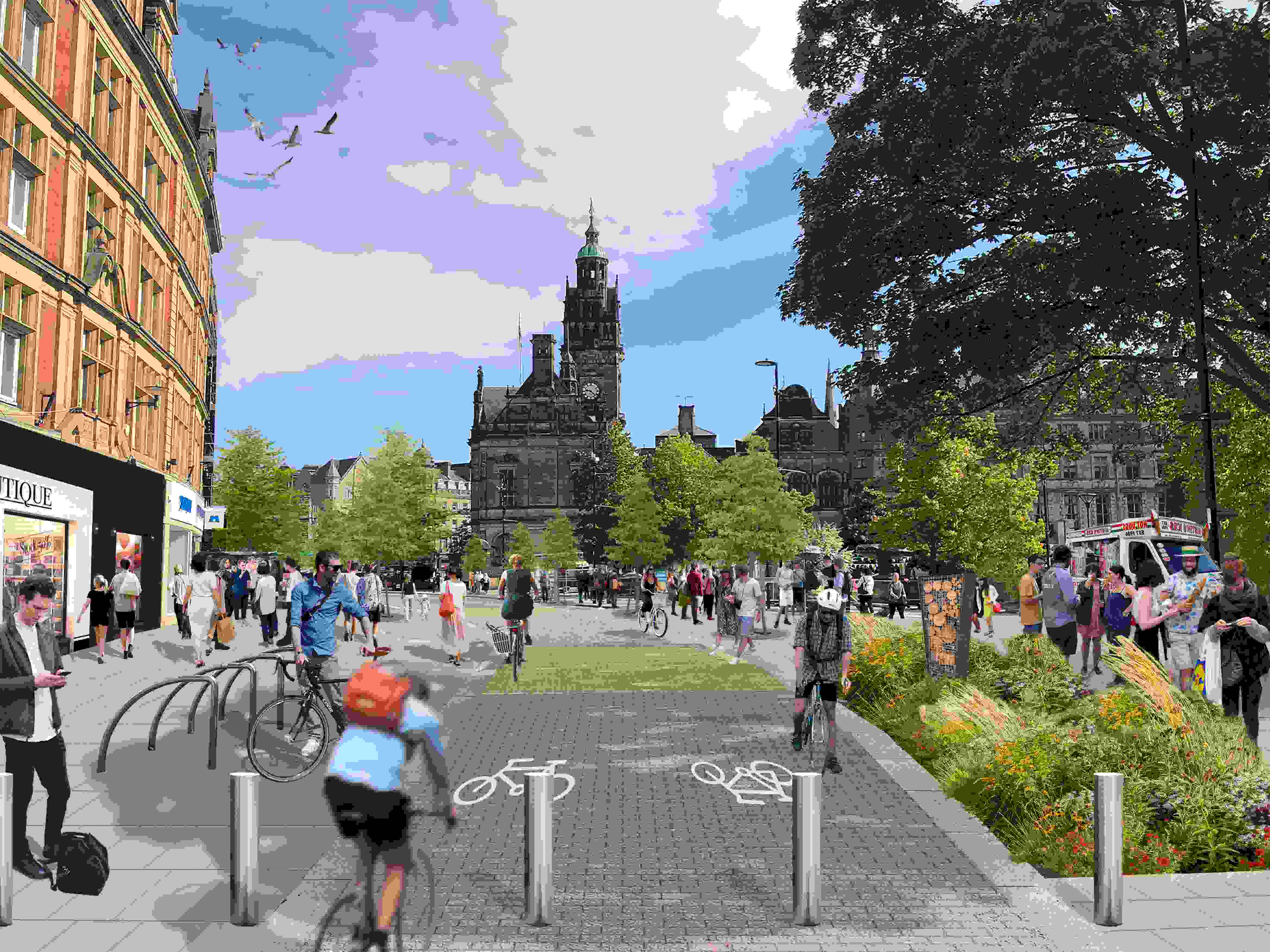 An artist impression of Pinstone Street in Sheffeild showing a row of bollards in the foreground and the road being used by cyclists and pedestrians, the road is flanked on both sides by buildings with Sheffield Town Hall in the background