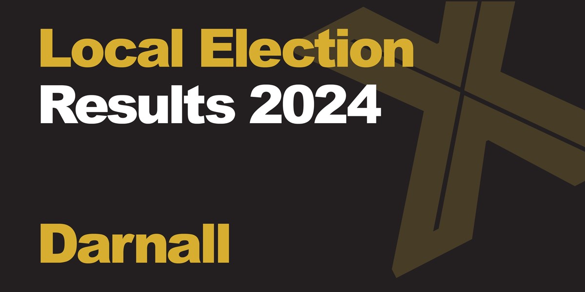 A black background with a light brown X, written across it is Local Election in green with results 2024 in white, underneath that is written Darnall in green