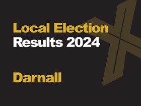 A black background with a light brown X, written across it is Local Election in green with results 2024 in white, underneath that is written Darnall in green