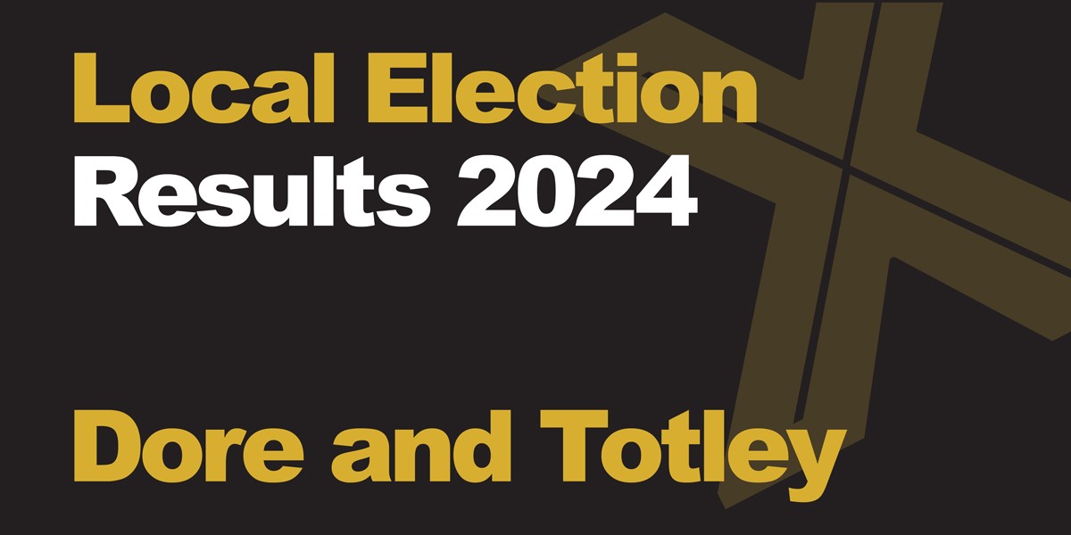 A black background with a light brown X, written across it is Local Election in green with results 2024 in white, underneath that is written Dore and Totley in green