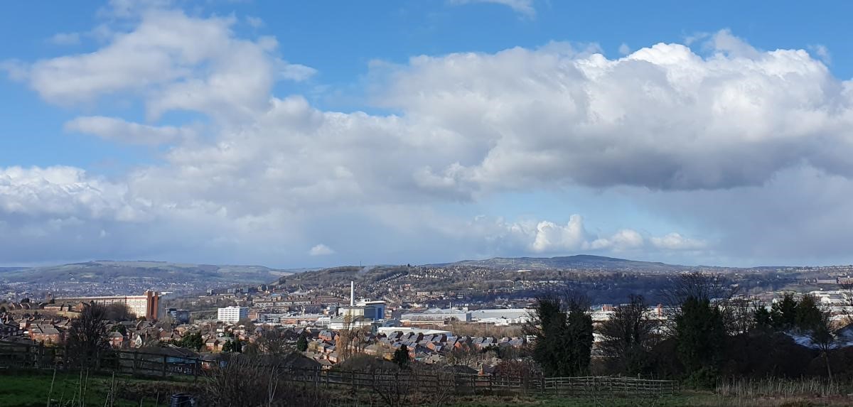 A landscape picture of Sheffield with buildings visible in the distance and a row of trees in the foreground, above is a blue sky scattered with white and grey clouds