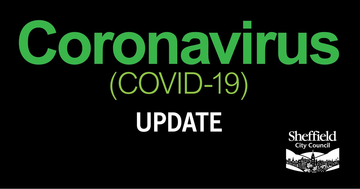 Coronavirus (Covid-19) words in green and 'update' is white on black background