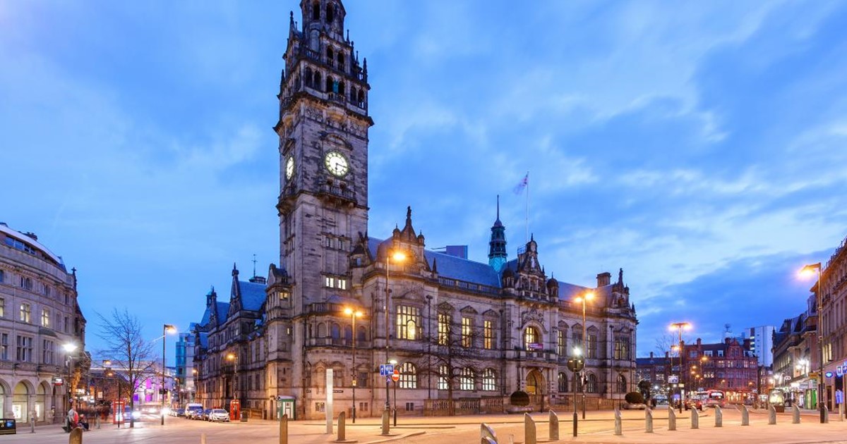 Town Hall building lit up at night