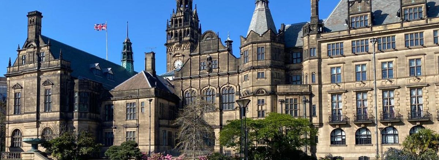 Town Hall and Peace Gardens with blue sky