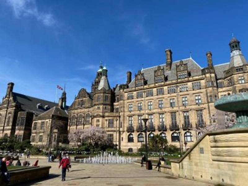 Sheffield Town Hall with a blue sky