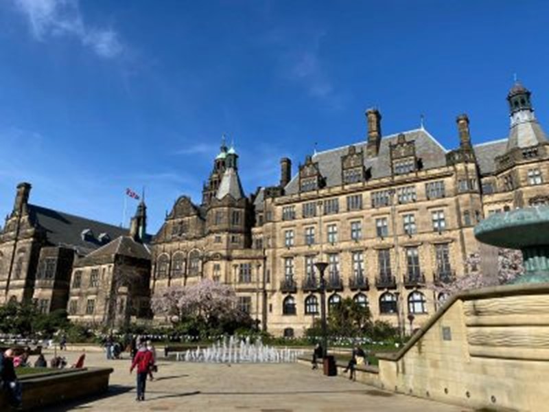 Sheffield town hall with a blue sky overhead