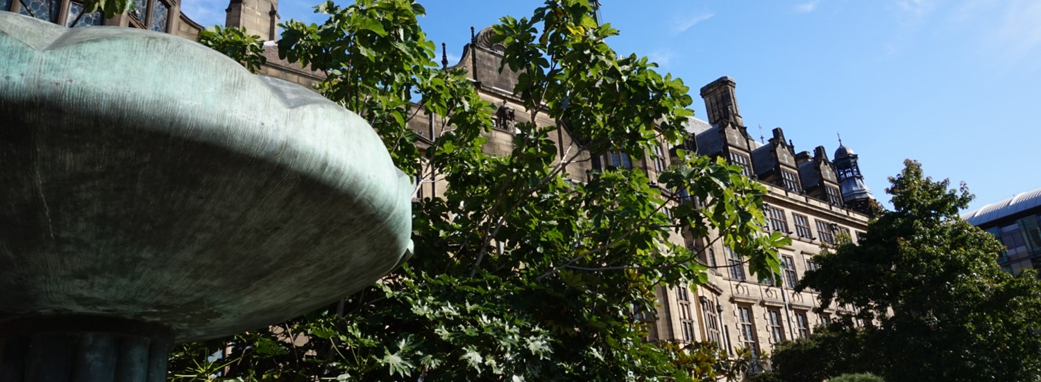 Sheffield Town Hall from Peace Gardens fountain