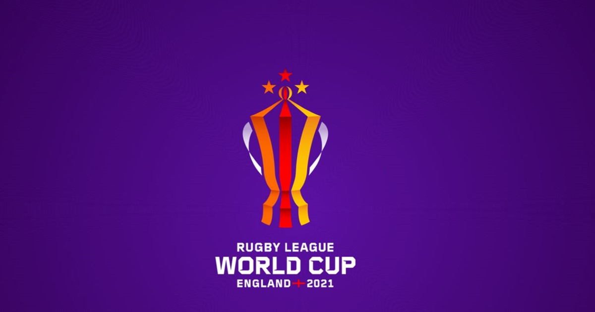 Design of a trophy for the Rugby League World Cup on a purple background