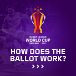 Design of a trophy for the Rugby League World Cup on a purple background