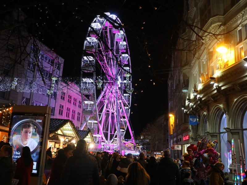 Big wheel on Fargate in Sheffield dressed with Christmas lights