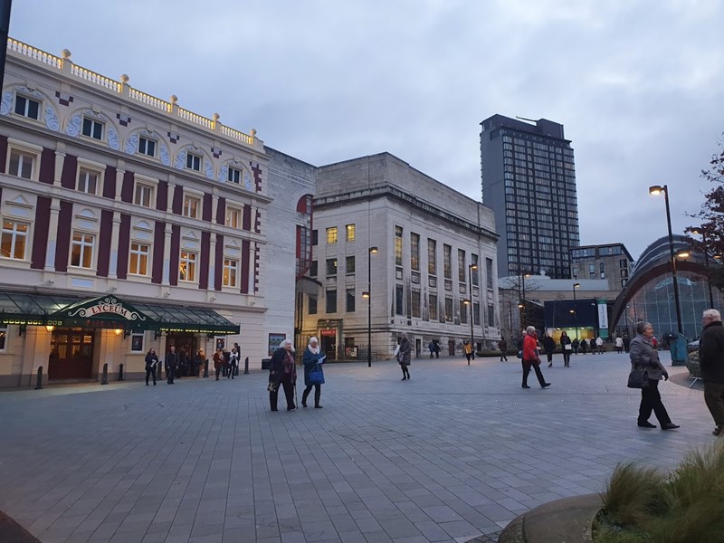 View across a square of theatre buildings