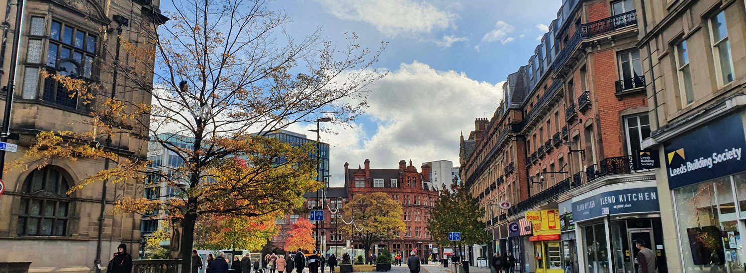 Shops and buildings on Pinstone Street in Sheffield