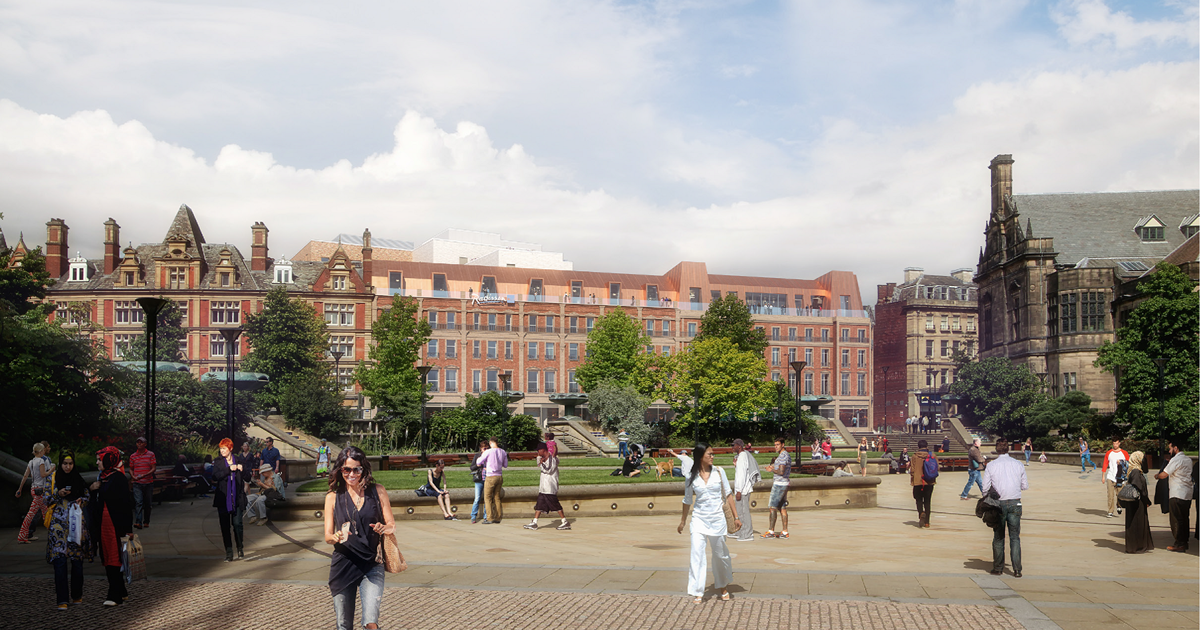 Visualisation of a hotel viewed from public gardens