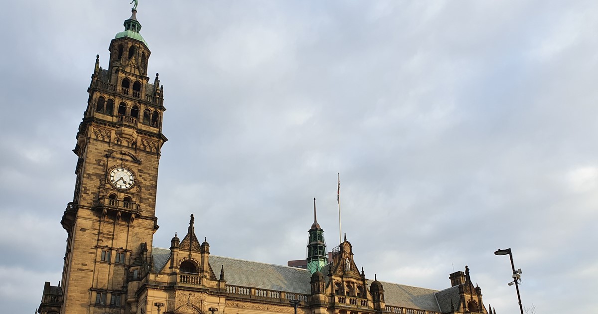 Sheffield Town Hall, showing the clock tower and front facade