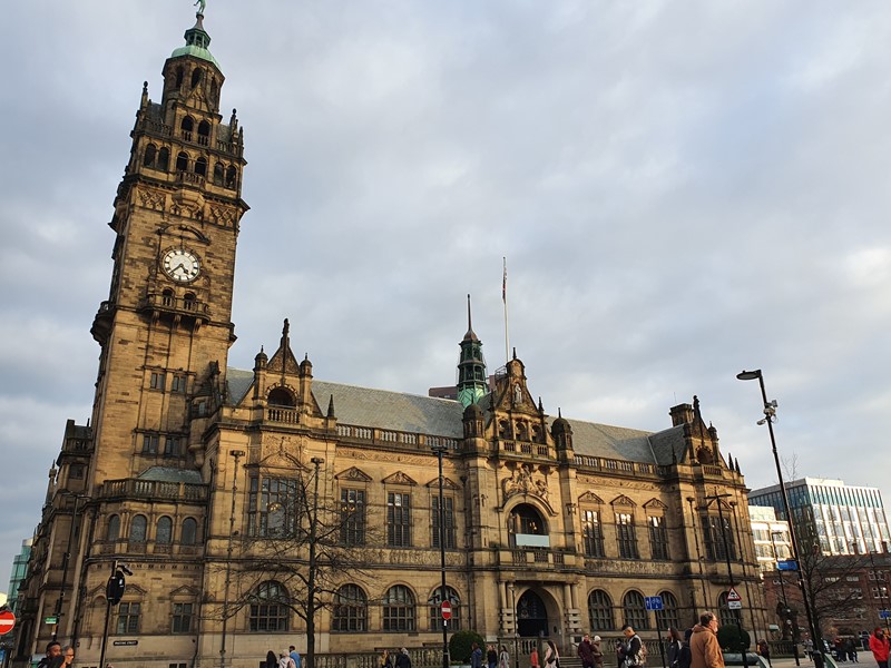Sheffield Town Hall, showing the clock tower and front facade