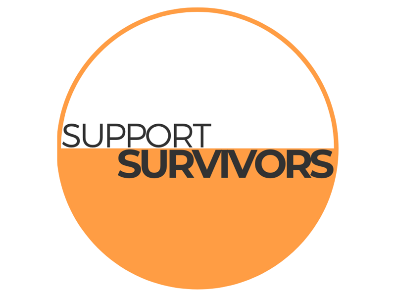 Orange and white circle saying 'Support survivors'