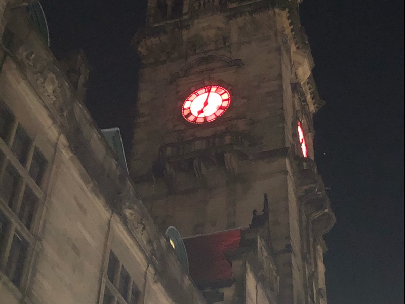 Sheffield Town Hall Clock Face Lit Red