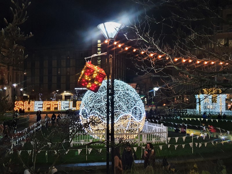 Christmas illuminations in Sheffield Peace Gardens