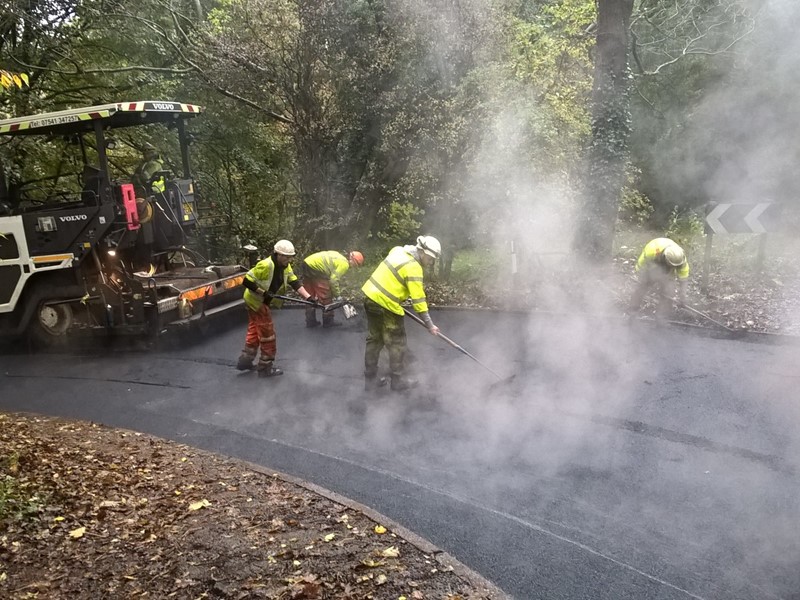 Workers tarmac road surrounded by trees