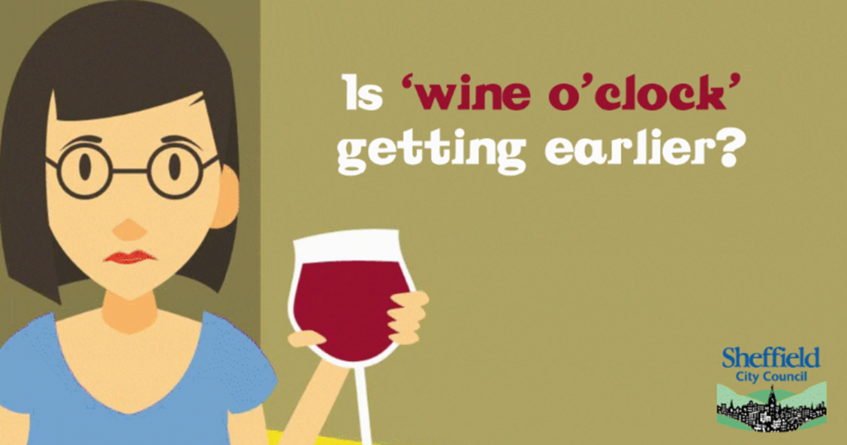 Woman holding a glass of wine in her hand with text 'Is wine o clock getting earlier?
