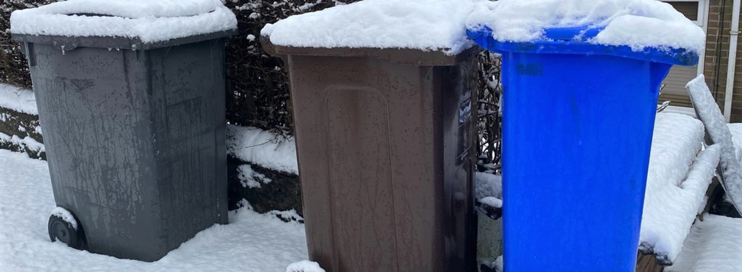 A black, blue and brown bin on snowy ground, and with snow on the lids