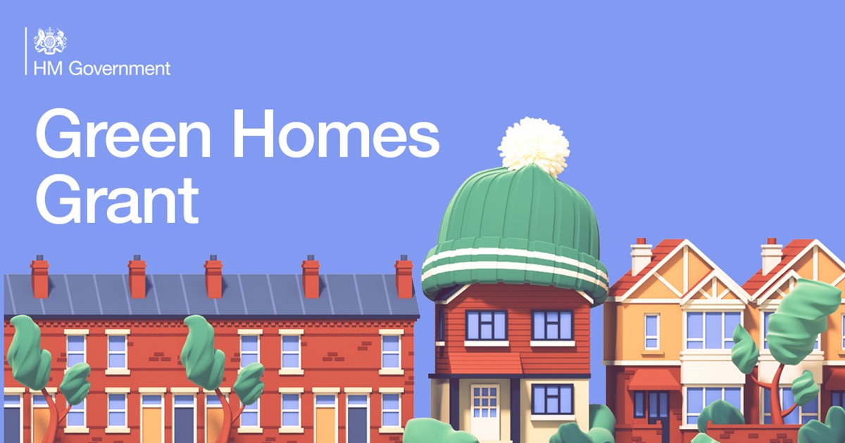 Green Homes Grant cartoon with houses and a house with a hat on 