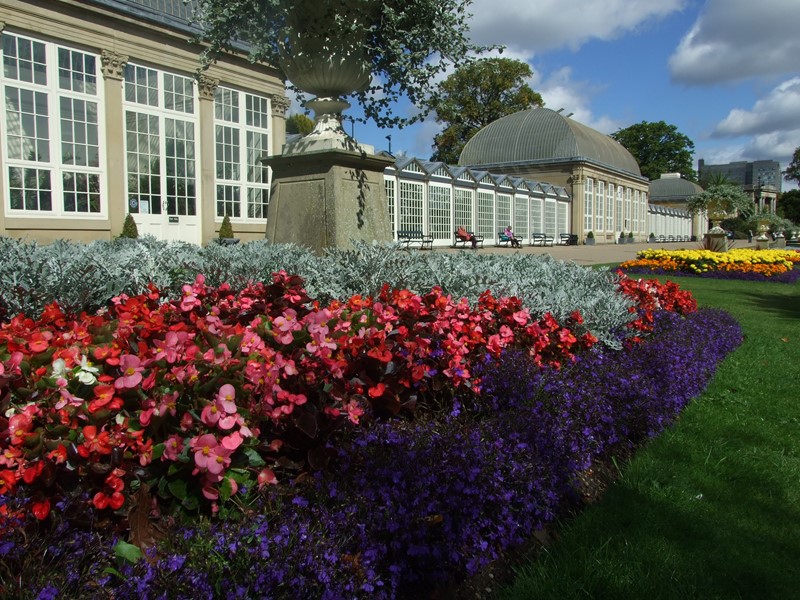 Flowers beds and the pavilion at Sheffield Botanical Gardens