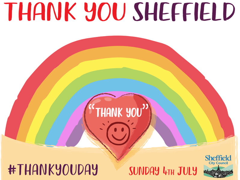 Thank You Sheffield with an illustration of a rainbow