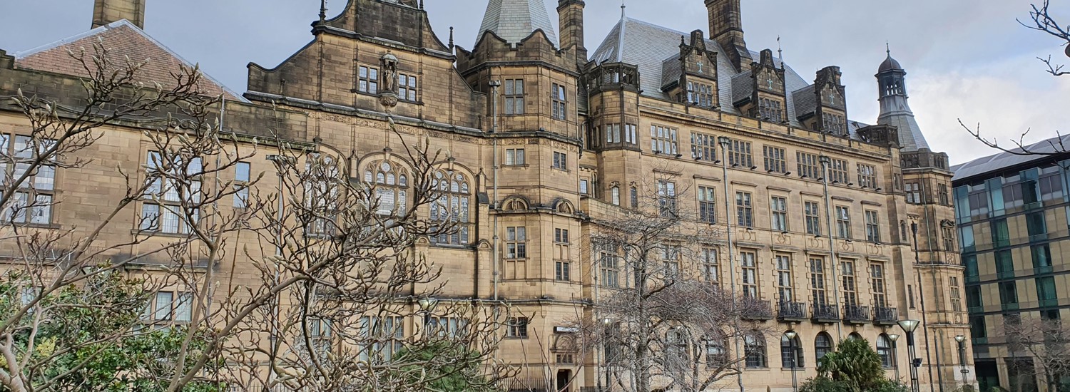 Town Hall in the peace gardens, sheffield, showing tree branches and a grey sky