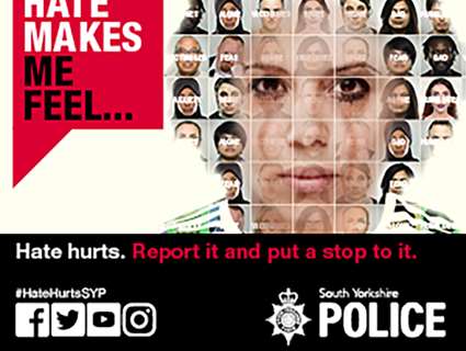 Hate makes me feel wording with montage of faces within a face. South Yorkshire Police 