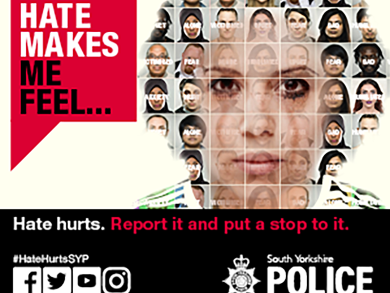 Hate makes me feel wording with montage of faces within a face. South Yorkshire Police 