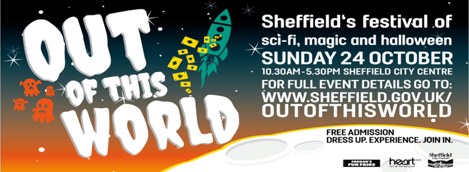 Promotional banner for Out of This World Halloween and Sci-Fi event in Sheffield City Centre. Orange cartoon pumpkins and spaceships float above the moon