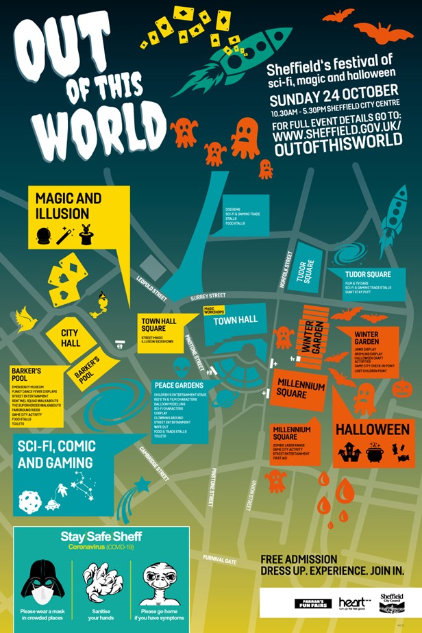 A map depicting all the activities taking place in Sheffield city centre for Out of This World