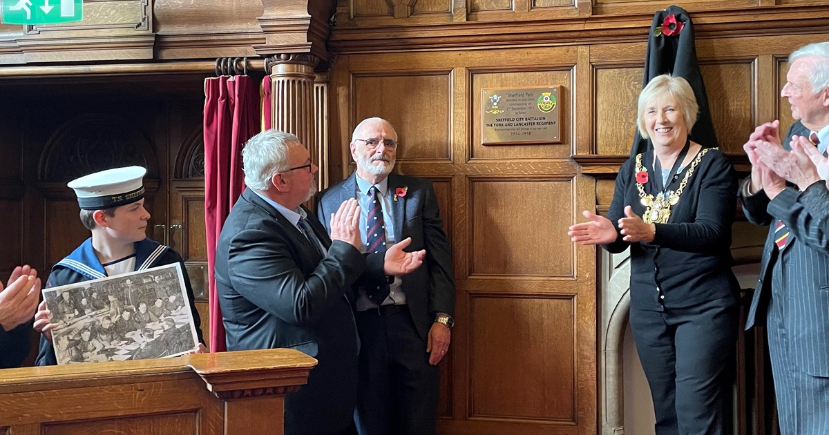 The plaque commemorating the Sheffield Pals is unveiled at Sheffield Town Hall. L - R: Cadet Ben Crofts, Council Leader Cllr Terry Fox, former Armed Forces Champion Tony Damms, Lord Mayor Gail Smith and Colonel Norton