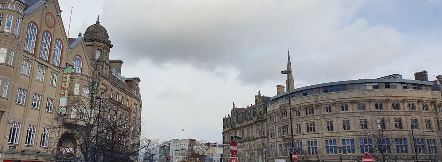 Sheffield Town Hall and buildings, view from the top of Fargate in Sheffield city centre