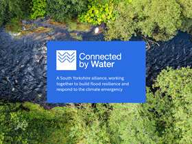 River flowing through trees - Connected by Water branding over the top in a blue square