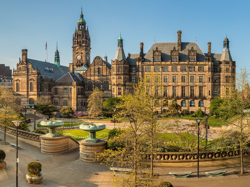 Town Hall and Peace Gardens at dusk