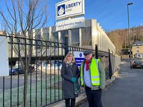 Cllr Terry Fox and Cllr Julie Grocutt stand outside the Liberty Steel building in Stocksbridge