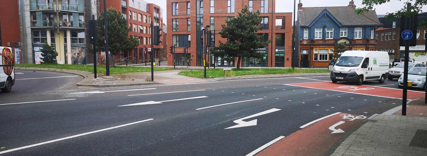 Shalesmoor Gateway roundabout with three lanes and a red cycle lane beside the pavement