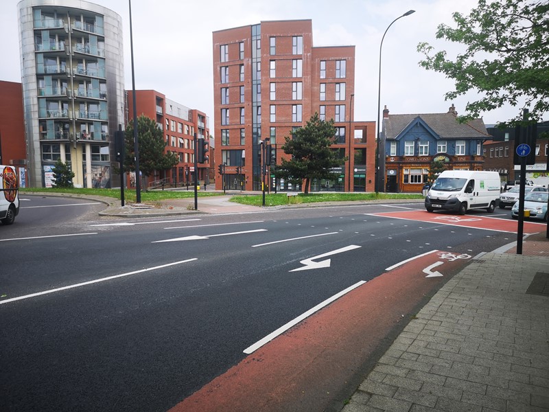 Shalesmoor Gateway roundabout with three lanes and a red cycle lane beside the pavement