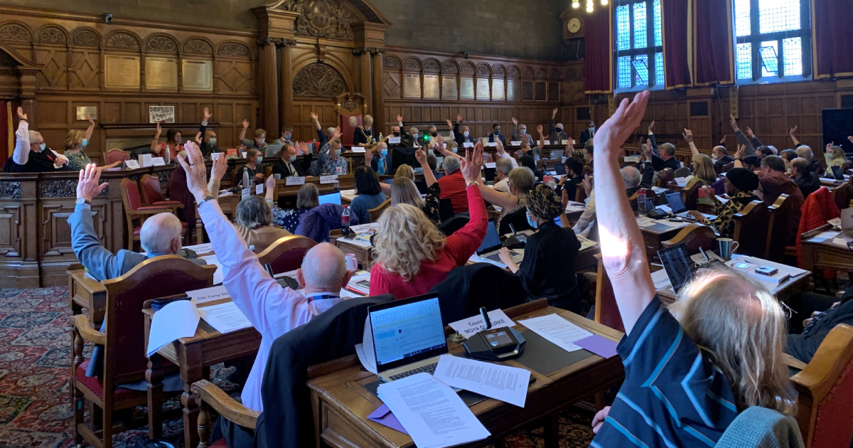 Councillors in the council chamber, raising their hands, unanimously approving the new committee system