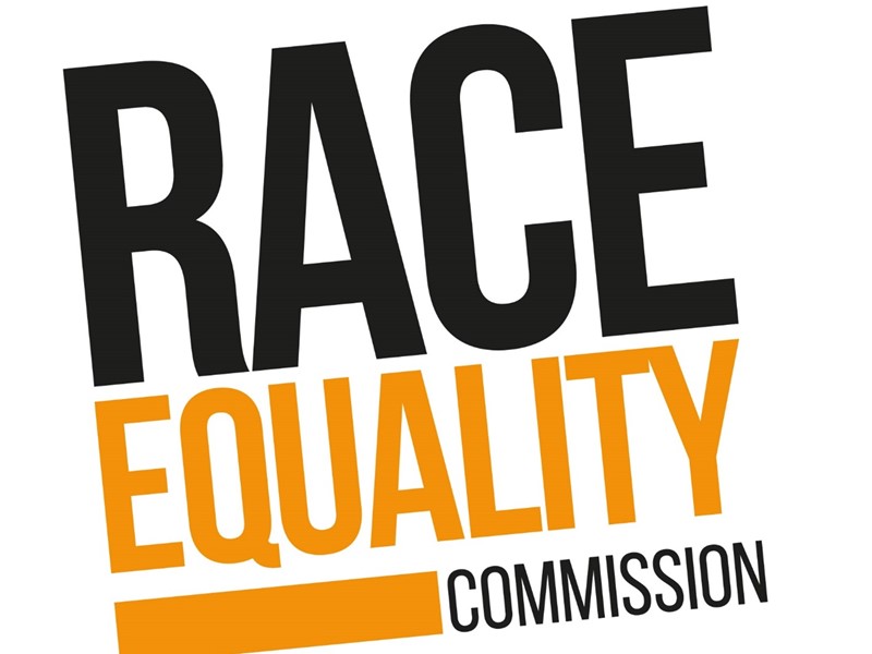 A black and orange logo on a white background states 'Race Equality Commission'