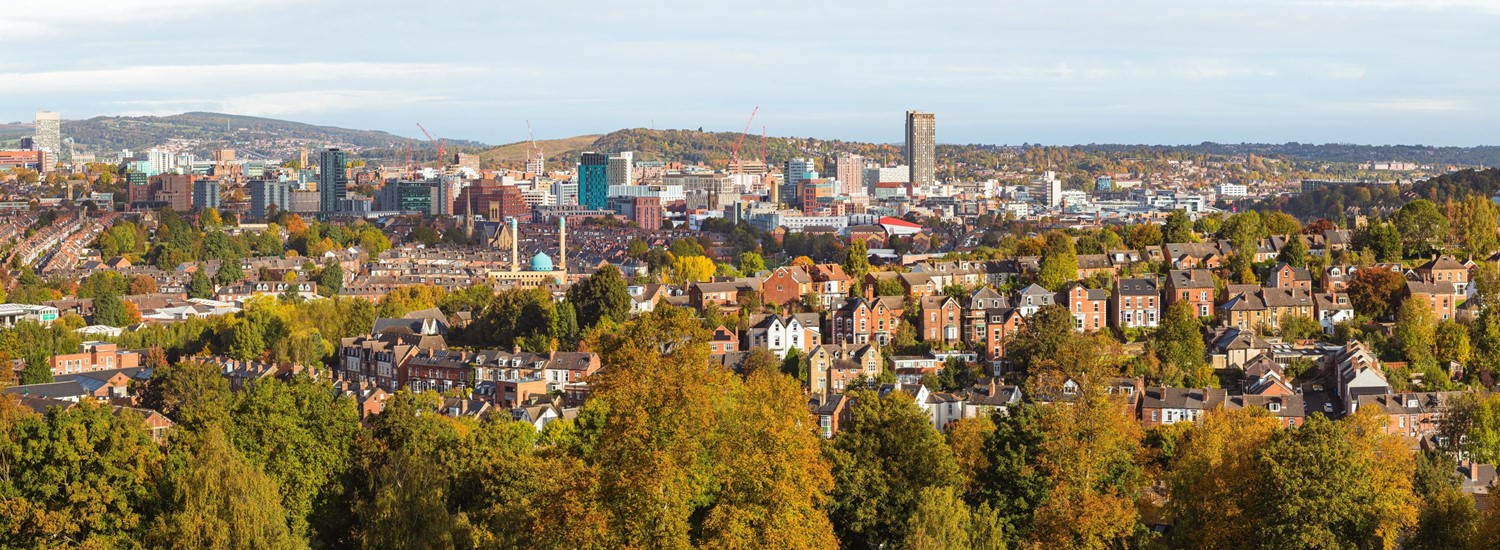 A panoramic view of Sheffield with trees lining a park, rows of houses and the city skyline in the distance