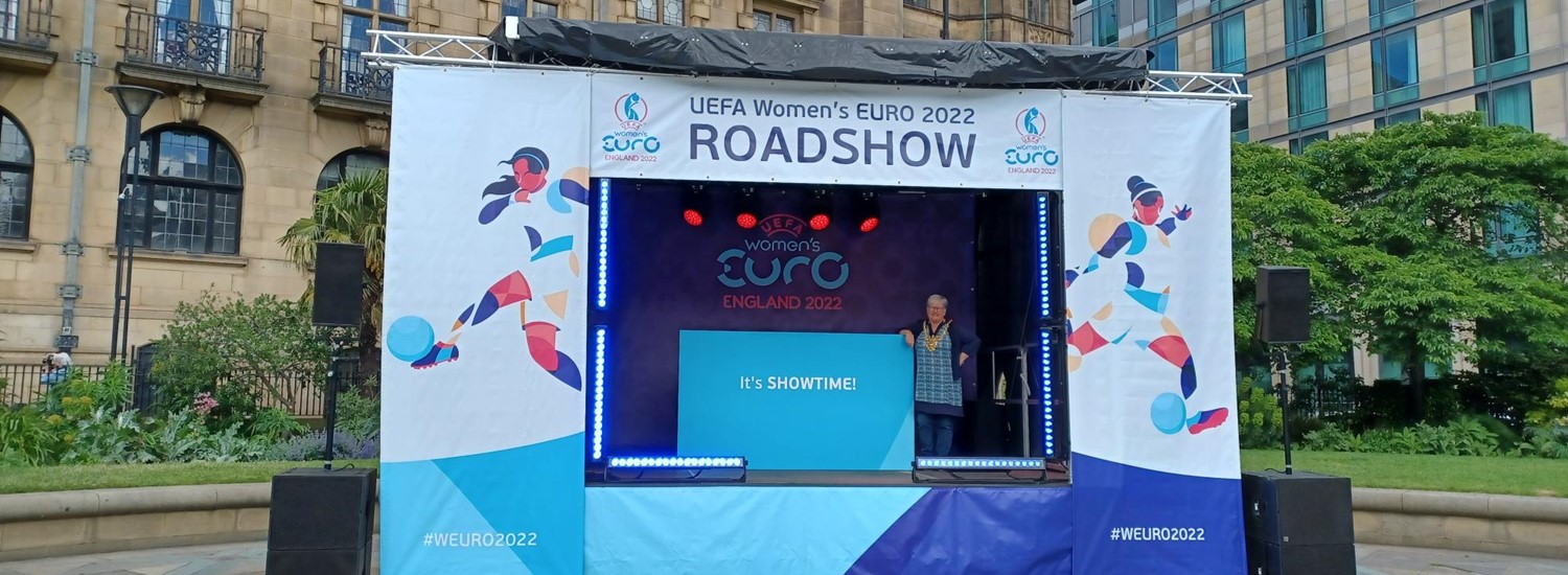 Lord Mayor of Sheffield on the stage at WEURO 2022 Roadshow set up