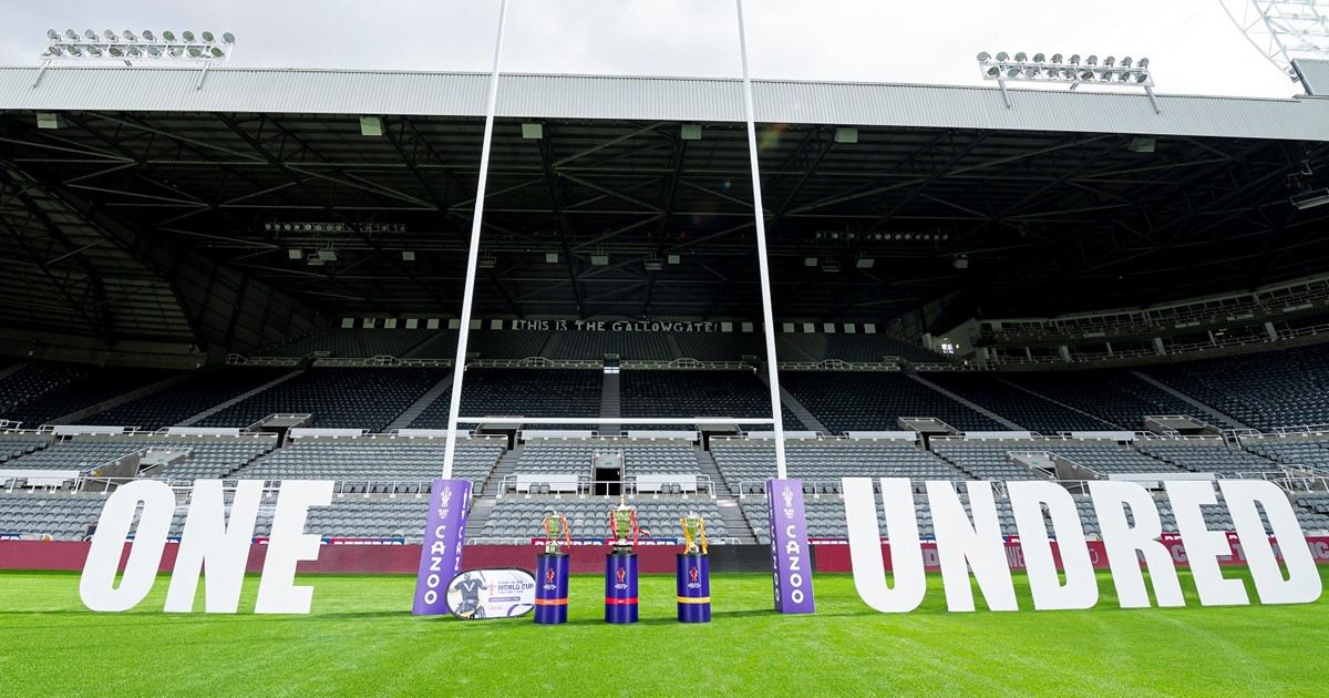 Rugby League pitch with large letters which say 100 Hundred using the rugby posts as the H